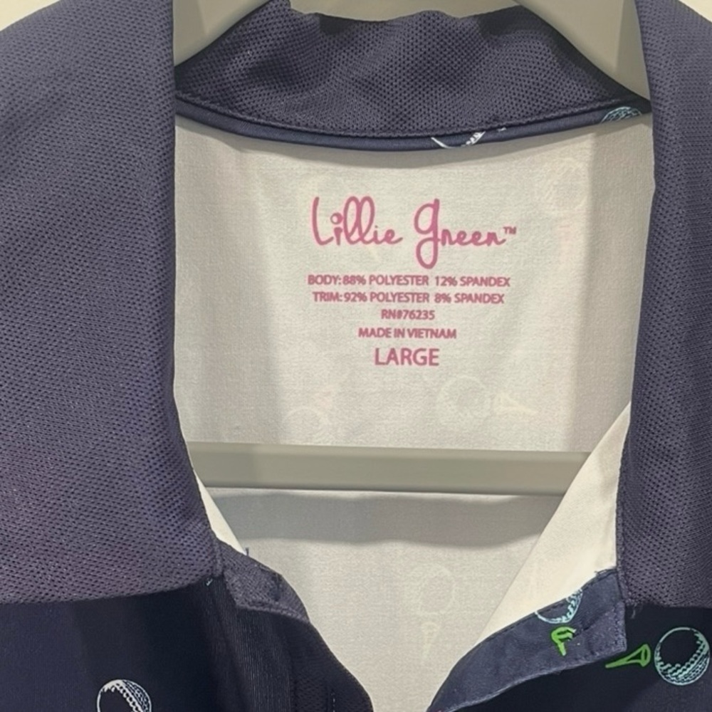 Lillie Green Polo Shirt Size Lg Blue Geometric Sleeveless Golf Vented Underarm - Picture 4 of 7